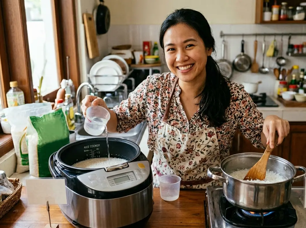 Takaran Air Ideal untuk Nasi Pulen di Rice Cooker dan Manual
